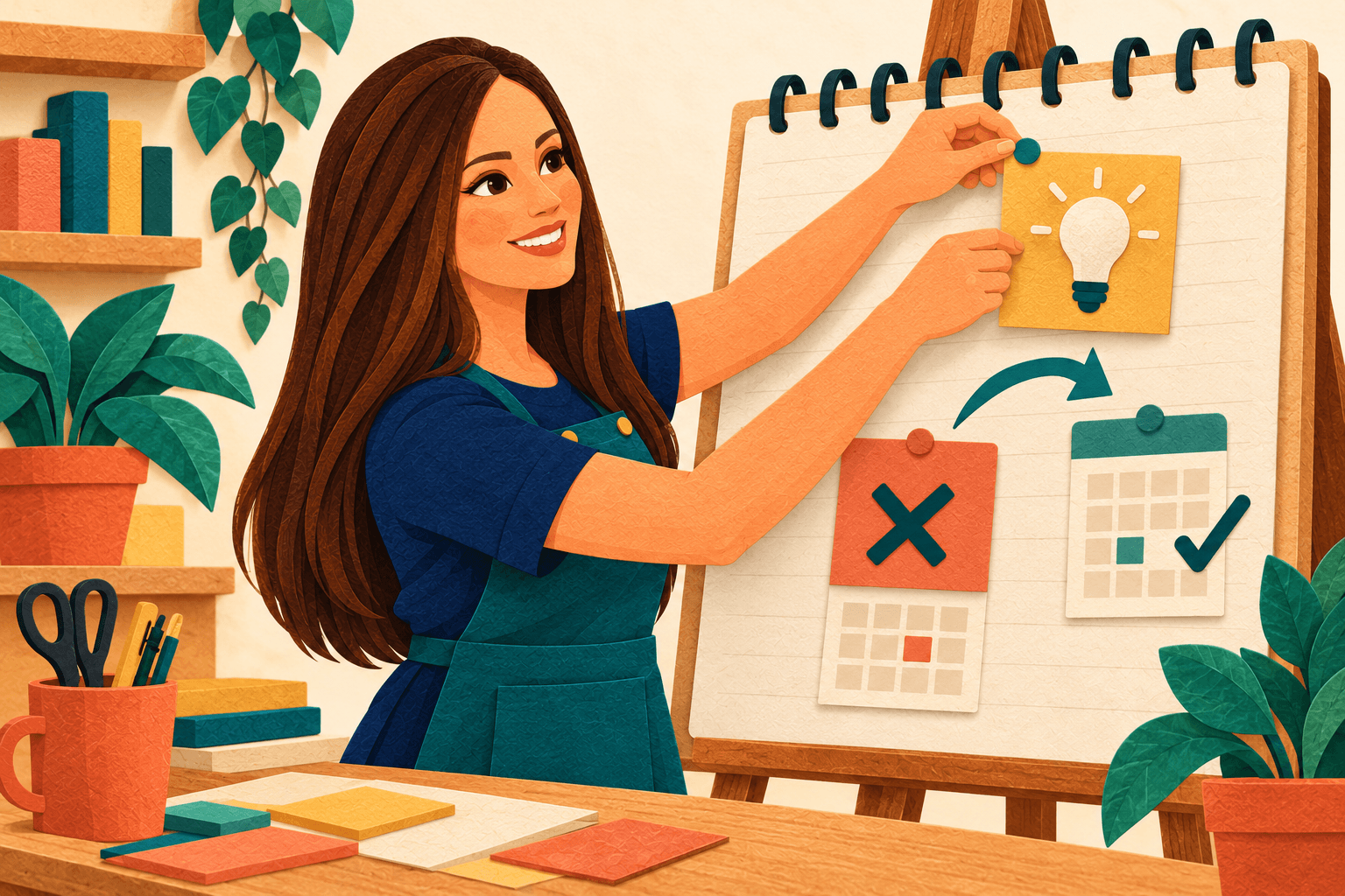 Helena organiza ideias e aprendizados em um quadro de papel.