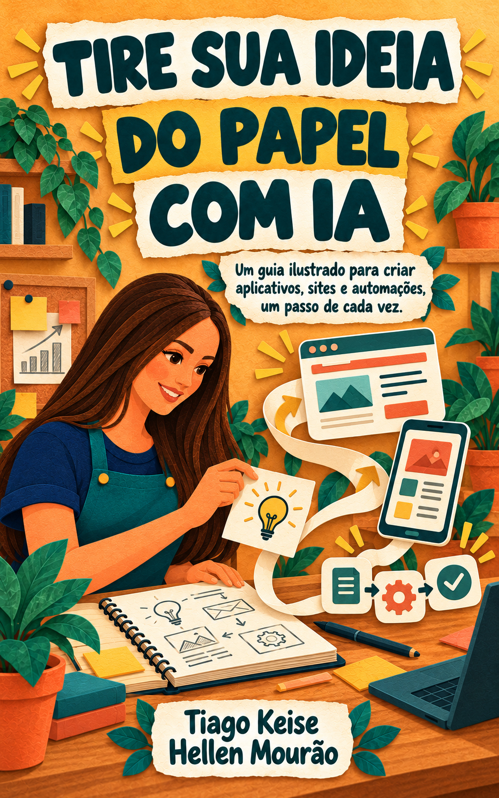 Capa ilustrada do livro Tire sua ideia do papel com IA, de Tiago Keise e Hellen Mourão